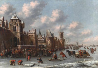 Winterlandschaft mit Schlittschuhläufern und Schlittenfahrern auf einem zugefrorenen Graben bei einer befestigten Stadt von Thomas Heeremans