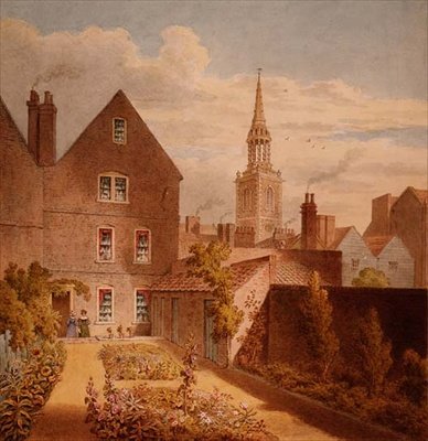Ansicht von Mr Upcotts Haus und Garten mit der Islington Kirche in der Ferne, ca. 1835 von Thomas Hosmer Shepherd