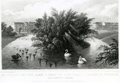Eine Insel auf dem See und ein Teil von Cornwall und Clarence Terrace, Regent