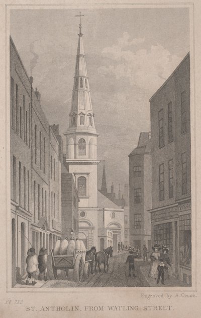 St. Antholin, von Watling Street, graviert von A. Cruse, ca. 1830 von Thomas Hosmer Shepherd