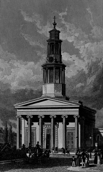 St. Pancrass Kirche, Westfront, graviert von James Tingle 1827 von Thomas Hosmer Shepherd