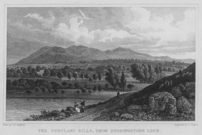 Die Pentland-Hügel, vom Duddingstone Loch (Gravur) von Thomas Hosmer Shepherd