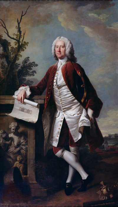 Porträt von Theodore Jacobsen, Architekt des Foundling Hospital, mit einer Zeichnung der Westfront, ca. 1742 von Thomas Hudson