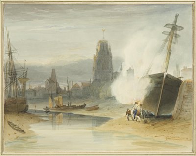Blick auf St. Mary Redcliffe vom Gibb-Slip vor der Entstehung des Schwimmhafens, zeigt auch das Teeren des Schiffsbodens von Thomas Leeson the Elder Rowbotham