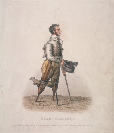 Owen Clancy, bettelnd mit seinem Hut in der Hand, auf Krücken und mit Vorrichtungen an den Beinen, 1820 von Thomas Lord Busby