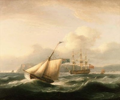 Ein Zweidecker vor Anker im Hafen von Torbay, mit einem Kutter im Vordergrund von Thomas Luny