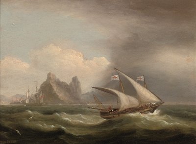 Ein bewaffneter Xebec im Mittelmeer, eine britische Fregatte hinter ihr und vorbei an einer felsigen Küste, 1822 von Thomas Luny