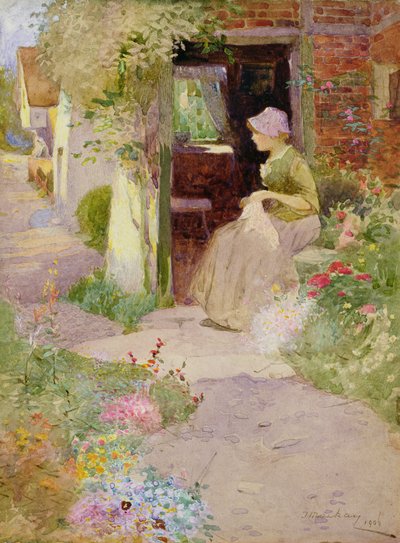 Ein Mädchen näht an der Tür eines Häuschens von Thomas Mackay