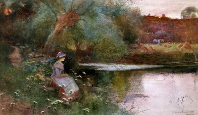 In Hampton Lucy, Warwickshire. Ein junges Mädchen sitzt am Ufer eines Sees auf dem Land. Gemälde von Thomas Mackay (1851-1920) Privatsammlung von Thomas Mackay