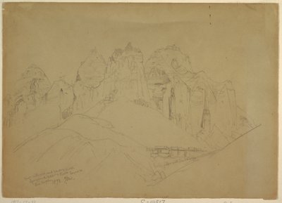 Zeichnung, Rio Virgin River mit großen Felsformationen, 1873 von Thomas Moran