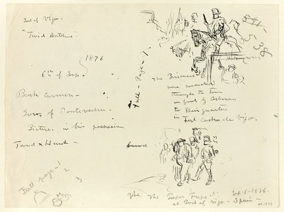 Blatt mit Skizzen: Soldat zu Pferd und Soldat mit Säbel, der Gefangenen führt (recto); Blatt mit Skizzen (verso) von Thomas Nast