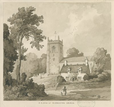 Mucklestone Church: Sepia-Waschzeichnung von Thomas Peploe Wood