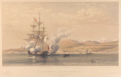 H.M.S. Highflyer Kapitän John Moore C.B. &c. vor Anker vor Soukoum Kaleh-Abasia, Omar Pascha verlässt das Schiff, Oktober 1855 von Thomas Picken
