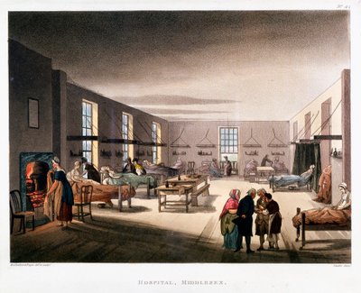 Frauenstation im Middlesex Hospital, London, 1808-1811 von Thomas Rowlandson, Augustus Charles Pugin