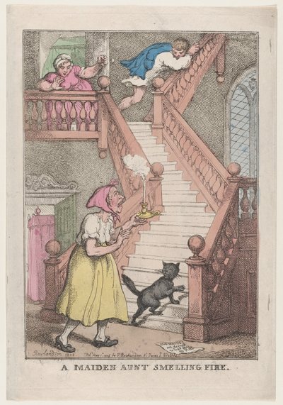 Eine alte Jungfer riecht Feuer von Thomas Rowlandson