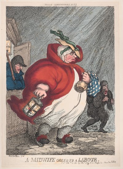 Eine Hebamme geht zu einer Geburt von Thomas Rowlandson