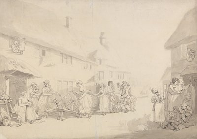Dorfszene mit Mädchen beim Spinnen von Thomas Rowlandson