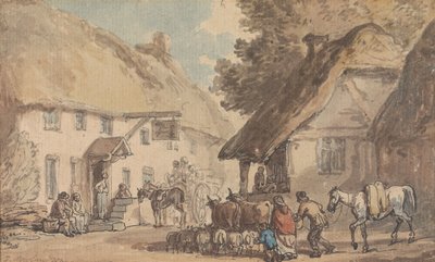 Eine Dorfstraße mit Vieh und Schafen, die hindurchgetrieben werden von Thomas Rowlandson
