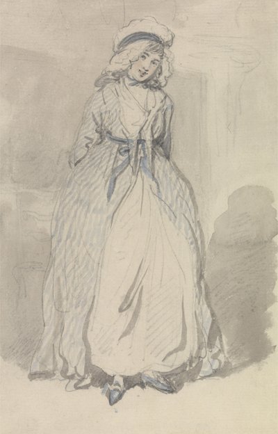Eine junge Frau in einem blau gestreiften Kleid von Thomas Rowlandson