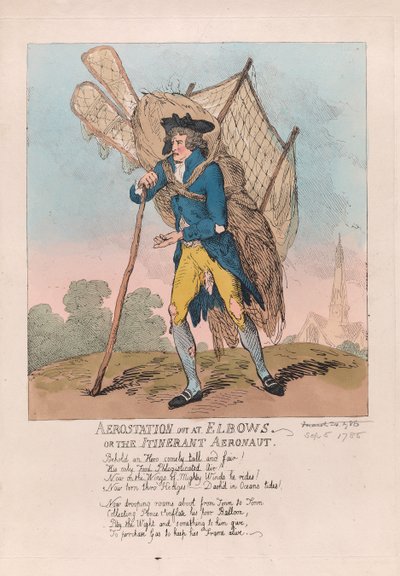 Aerostation aus den Fugen oder der wandernde Aeronaut, veröffentlicht 1785 (handkolorierter Stich) von Thomas Rowlandson