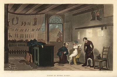Schuh- und Stiefelladen: Frauenkunden probieren Schuhe und Stiefel bei einem Schuster in Leatherhead an. Handkolorierte Kupferstichgravur von Thomas Rowlandson, Aquatinta von J.C. Stadler, nach einer Skizze von J. Green aus Poetical Sketches of Scarborough von Thomas Rowlandson