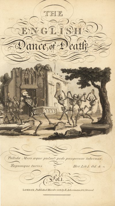 Kalligraphischer Titel und Vignette von Skeletten, die mit Tamburinen und Hörnern auf einem Friedhof in der Nähe einer zerstörten Kirche tanzen. Handkolorierte Kupferplatte, gezeichnet und graviert von Thomas Rowlandson aus The English Dance of Death, Acke von Thomas Rowlandson