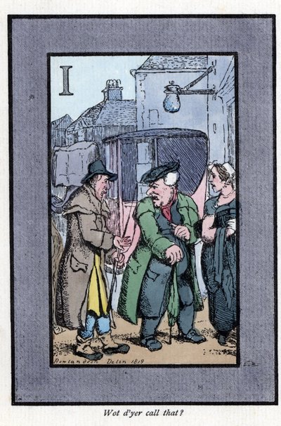 Kutscher von Hackney beschwert sich über kleine Trinkgelder (1819). Holzstich, basierend auf einem Gemälde von Thomas Rowlandson, veröffentlicht in The Cris of London von Thomas Rowlandson