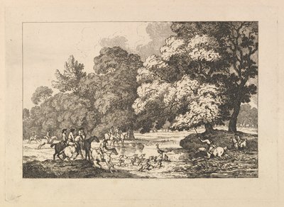 Hirschjagd – Eine Landschaftsszene mit Hirsch und Hunden in einem Fluss von Thomas Rowlandson