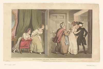 Doktor Syntax wird von zwei Frauen durch eine Tür geführt von Thomas Rowlandson