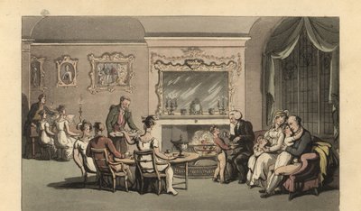 Englischer Gentleman, Frau und Kinder entspannen im Salon von Thomas Rowlandson