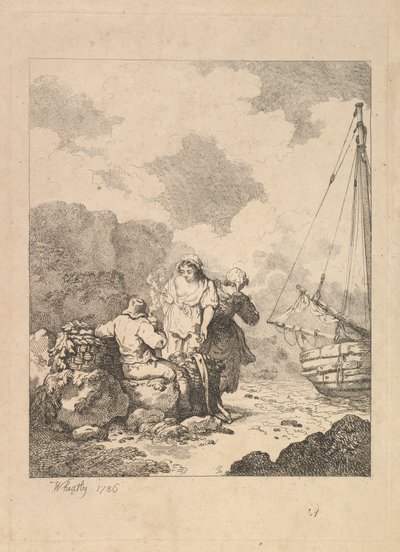 Fischer am Ufer - Küstenszene mit einem Mann, der auf Felsen sitzt und Pfeife raucht, 1786 von Thomas Rowlandson