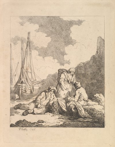 Fischer am Ufer - Küstenszene mit einem Mann, der auf dem Boden sitzt und einen Ellbogen aufstützt..., 1786 von Thomas Rowlandson