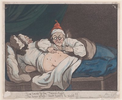 Fünfmal bei des Dochts Licht, die Sanduhr habe ich zur Nacht gemacht!!, 1793 von Thomas Rowlandson