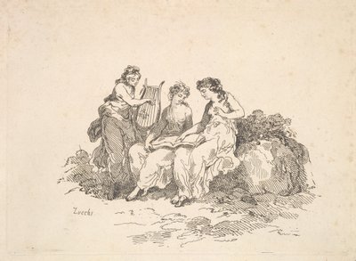 Harmonie - Zwei Nymphen singen, eine andere spielt eine Lyra, 1784-88 von Thomas Rowlandson