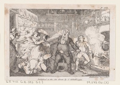 Gastgeberin entleert eine Pfanne Blut ins Gesicht von Pfarrer Andrews, aus The Adventures of..., 1792 von Thomas Rowlandson