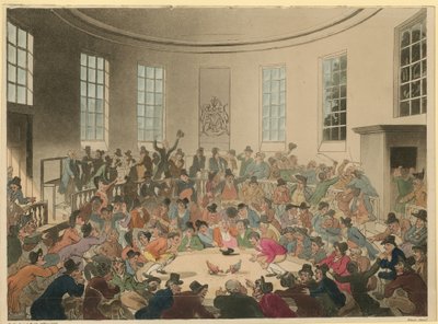 Illustration, die eine Menschenmenge zeigt, die einem Hahnenkampf zusieht von Thomas Rowlandson