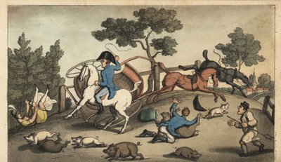 Johnny und eine Dame stürzen mit einer Kutsche in eine Schweineherde. Handkolorierte Kupferstichgravur von W. Read nach einer Illustration von Thomas Rowlandson aus Alfred Burtons Die Abenteuer von Johnny Newcombe in der Marine, Simpkin, London von Thomas Rowlandson
