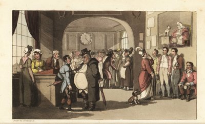 Johnny sucht Arbeit in einem Registrierungsbüro für Hausangestellte. Männer und Frauen mit Monokeln untersuchen Träger, Dienstmädchen und anderes Personal. Handkolorierte Kupferstichgravur von Thomas Rowlandson aus William Combes Die Geschichte von Johnny  von Thomas Rowlandson