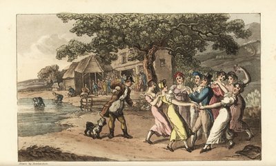 Johnny spielt seine Flöte auf einem Schafschurfest, umgeben von tanzenden Landmädchen. Schäfer scheren Schafe in einer Scheune und waschen sie in einem Teich. Handkolorierte Kupferstichgravur von Thomas Rowlandson aus William Combes The History of Johnny Q von Thomas Rowlandson