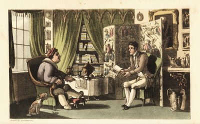 Johnny liest Sir Jeffery Gourmand in seinem Arbeitszimmer vor. Handkolorierte Kupferstichgravur von Thomas Rowlandson aus William Combes The History of Johnny Quae Genus, the Little Foundling of the late Doctor Syntax. von Thomas Rowlandson