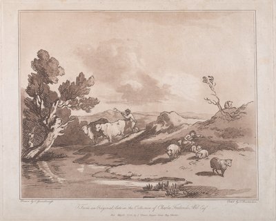 Landschaft mit einer Figur, die Vieh hütet, und einem ruhenden Hirten, 21. Mai 1789 von Thomas Rowlandson