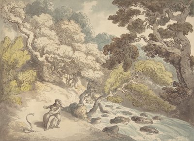 Landschaft mit reißendem Bach und einem Paar am Ufer, erschrocken von einer Schlange von Thomas Rowlandson