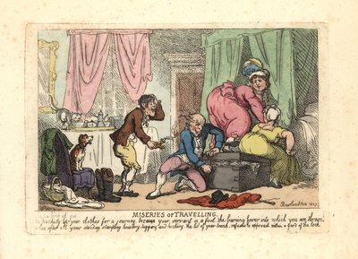Mann und zwei Frauen versuchen, einen vollen Koffer zu schließen von Thomas Rowlandson