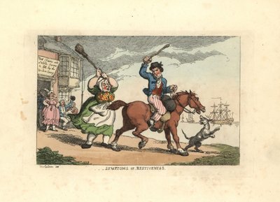 Mann schlägt ein störrisches Pferd mit einem Knüppel, während der Besitzer Wido von Thomas Rowlandson