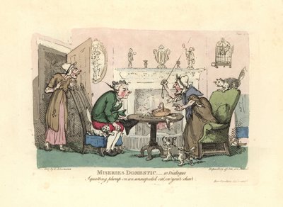 Mann setzt sich auf eine erschrockene Katze auf seinem Stuhl von Thomas Rowlandson