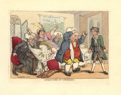 Mann steht auf und erstickt am Esstisch von Thomas Rowlandson