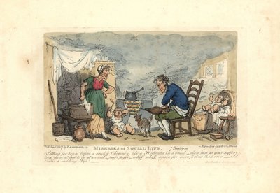 Mann benutzt Blasebalg vor einem Feuer in einem rauchigen Raum von Thomas Rowlandson