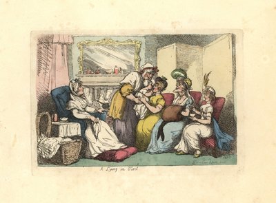 Mutter mit neugeborenem Baby, besucht von mehreren Frauen in einem Salon von Thomas Rowlandson