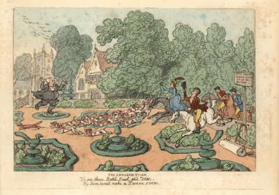 Pfarrer verflucht Fuchsjagden und Hunde, die seinen Garten zertrampeln von Thomas Rowlandson