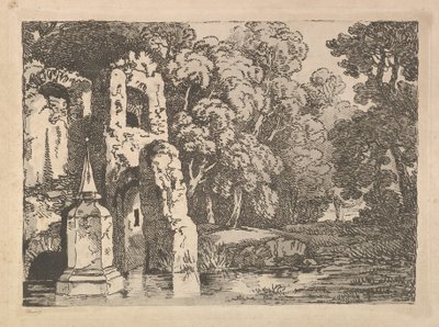 Ruinen neben einem Teich in einer bewaldeten Landschaft von Thomas Rowlandson